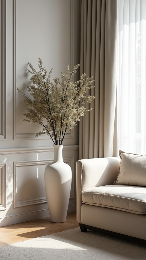 A minimalist decor featuring a tall white vase with dry branches beside a light-colored couch and curtains.