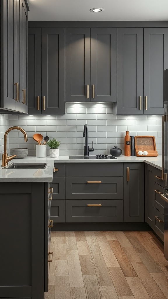 A modern kitchen features elegant gray cabinetry with gold accents and a light backsplash.