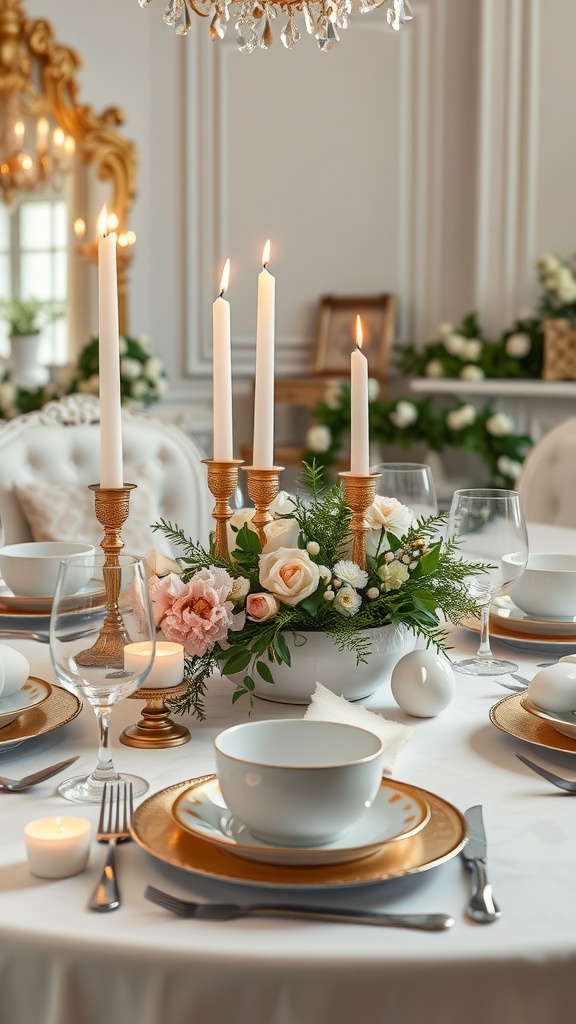 Elegant white and gold Easter tablescape with candles and fresh flowers