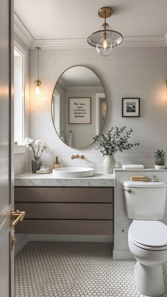 Stylish bathroom with modern lighting fixtures.