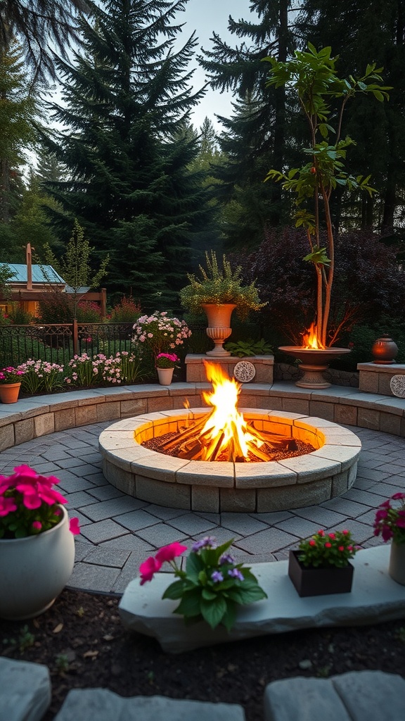 A cozy fire pit surrounded by colorful flowers and greenery, creating a warm outdoor space.