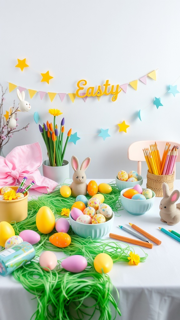 A vibrant Easter craft table with decorated eggs, colorful flowers, and playful decorations.