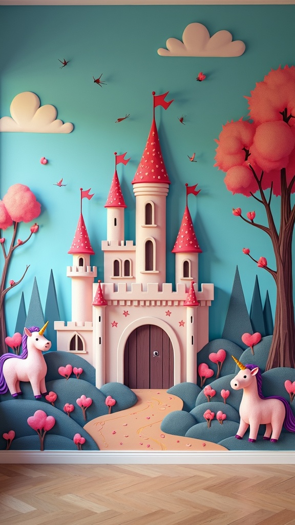 A fantasy castle mural featuring a colorful castle, unicorns, and pink trees