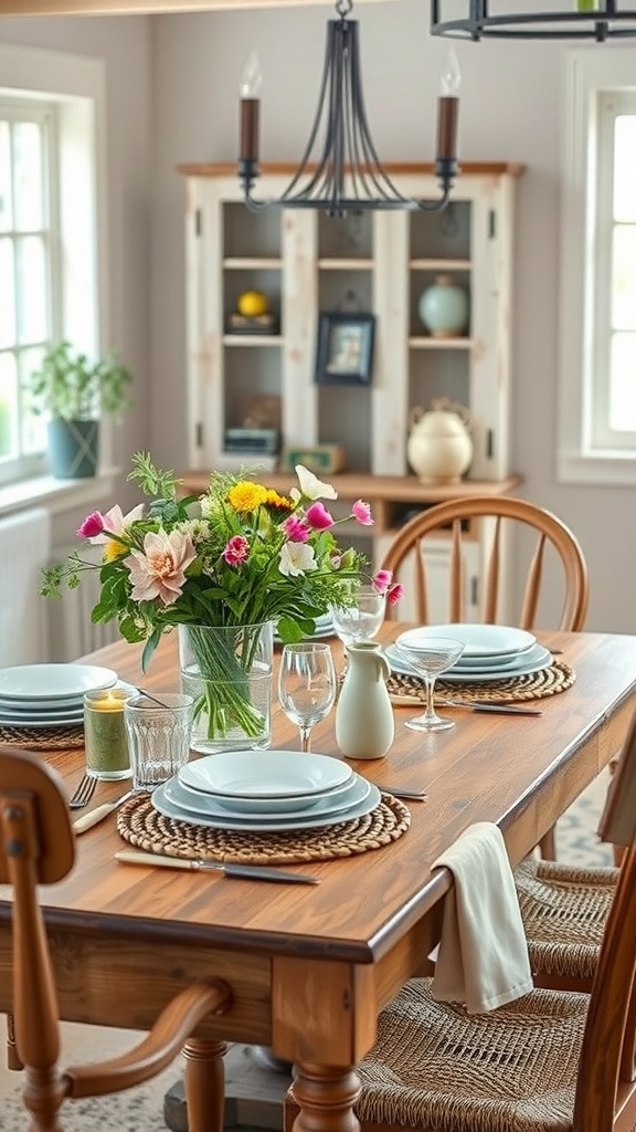 A beautifully set farmhouse table with a floral centerpiece, plates, and glasses.