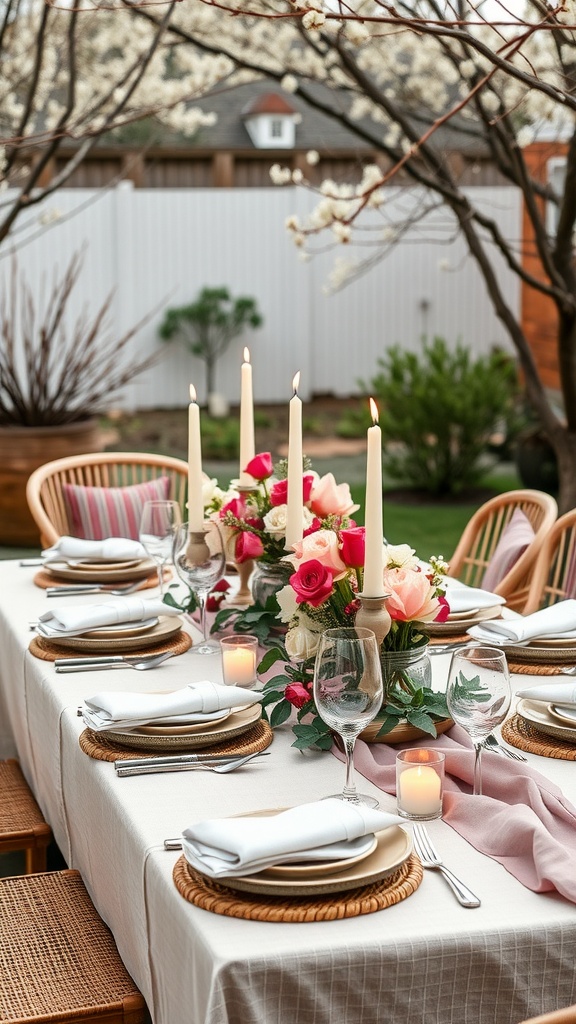 A beautifully set outdoor table with flowers and candles for spring gatherings.