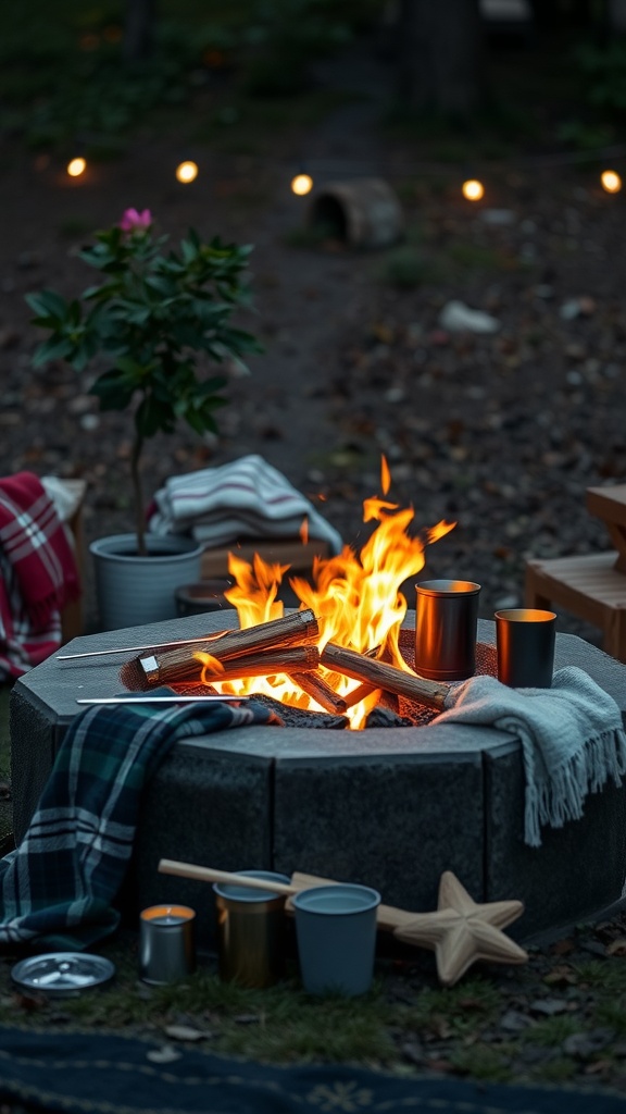 A cozy outdoor fire pit scene with blankets, candles, and vibrant containers, creating a warm atmosphere.