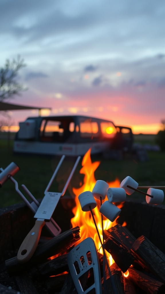 A fire pit with grilling tools and marshmallows by a glowing fire during sunset.