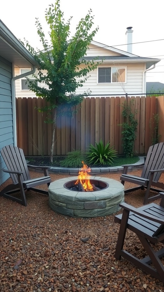 A cozy fire pit surrounded by wooden chairs in a small backyard with greenery.