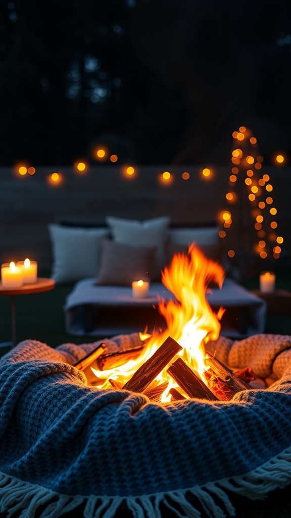 A cozy fire pit setup with a warm fire, blankets, and candles, creating a romantic atmosphere.