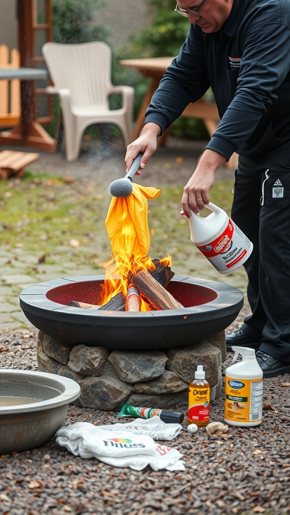 A person cleaning a fire pit with a spray bottle and a cloth, surrounded by firewood and cleaning supplies.