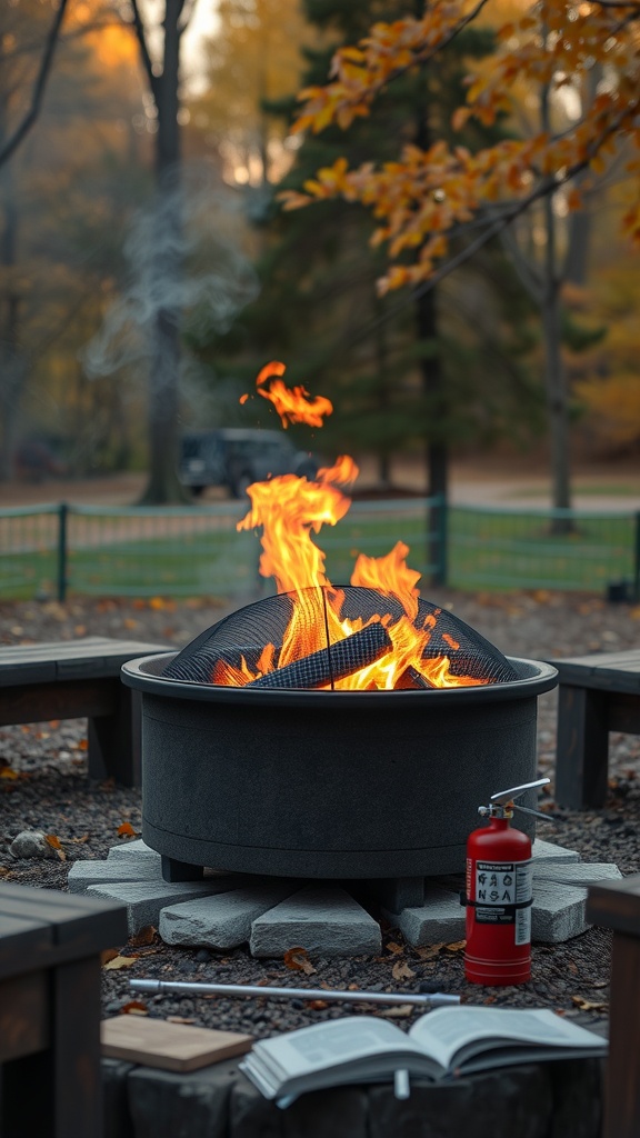 A fire pit with flames, surrounded by a protective screen and a fire extinguisher nearby, set in a safe outdoor area