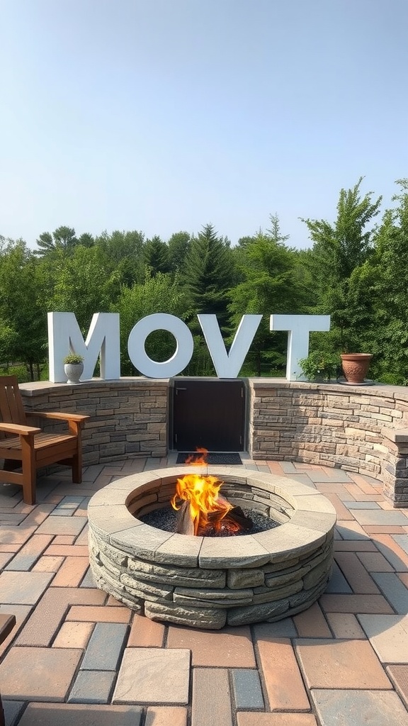 A cozy fire pit made of stone with a vibrant fire, surrounded by colorful paving stones and wooden chairs.