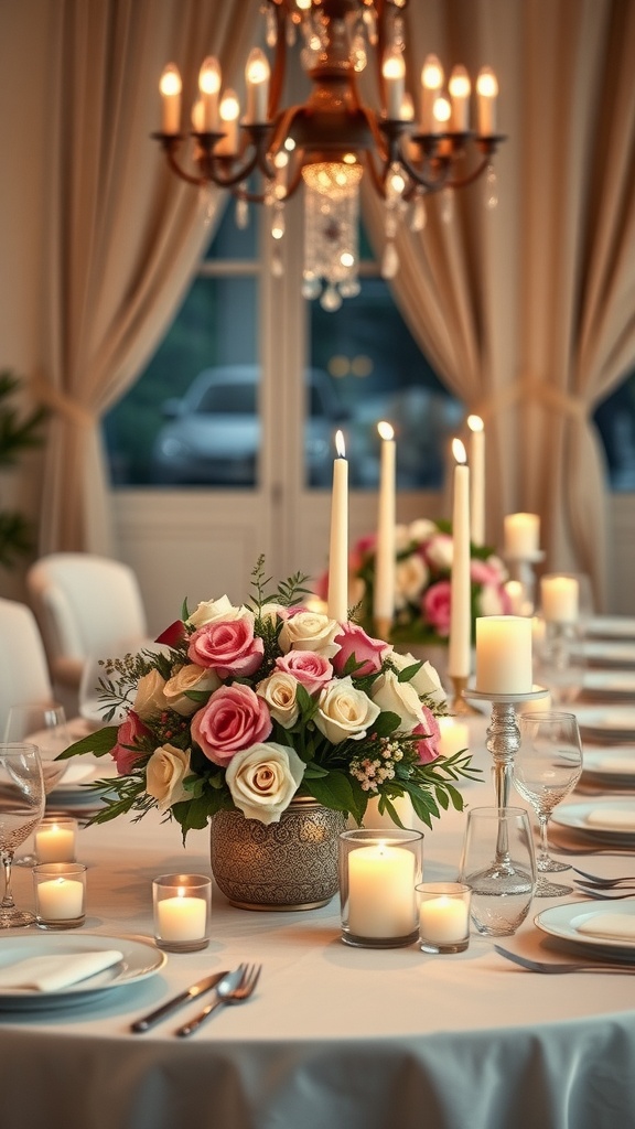 A beautifully set table featuring floral centerpieces with candles, creating a romantic atmosphere.