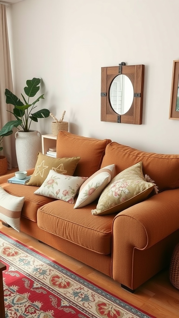 A cozy living room featuring a brown couch adorned with floral patterned pillows, a decorative rug, and a plant.