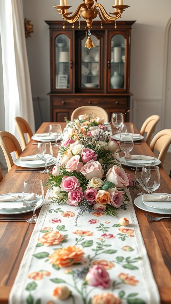 Beautiful floral table runner with pink and orange roses on a wooden dining table.