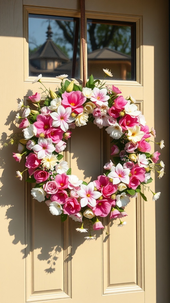 A colorful floral wreath with pink and white flowers on a door.