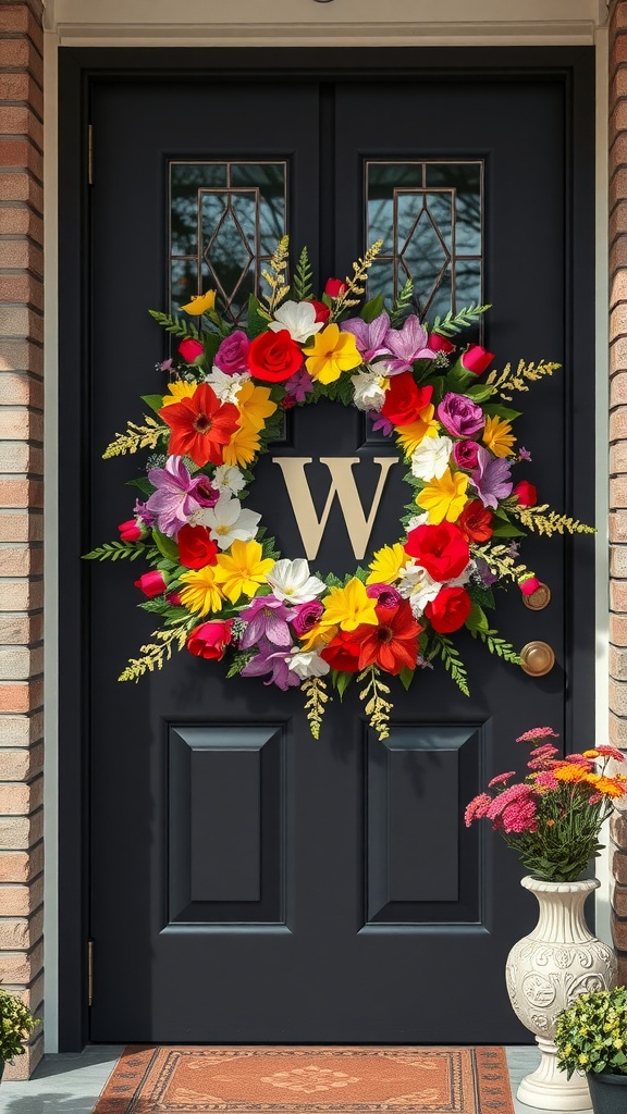 A colorful floral wreath featuring roses, lilies, and daisies on a dark front door.