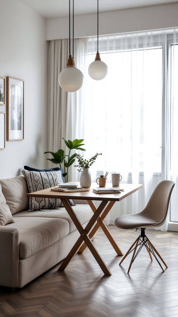 A cozy living room featuring a folding table with stylish chairs, plants, and soft lighting.