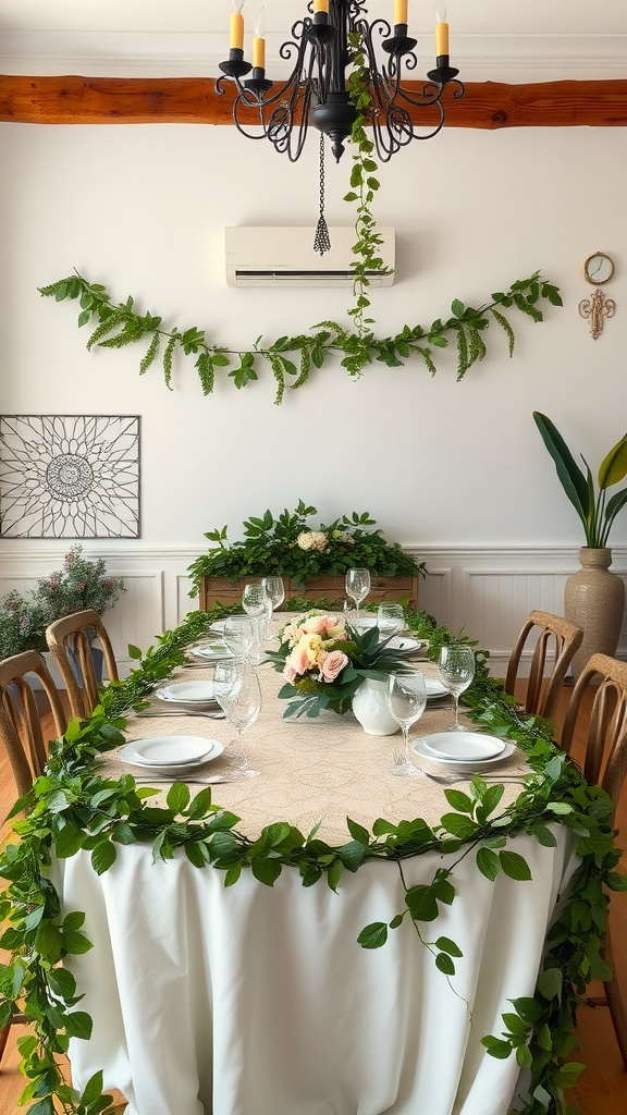 A beautifully decorated dining table with fresh greenery garlands.