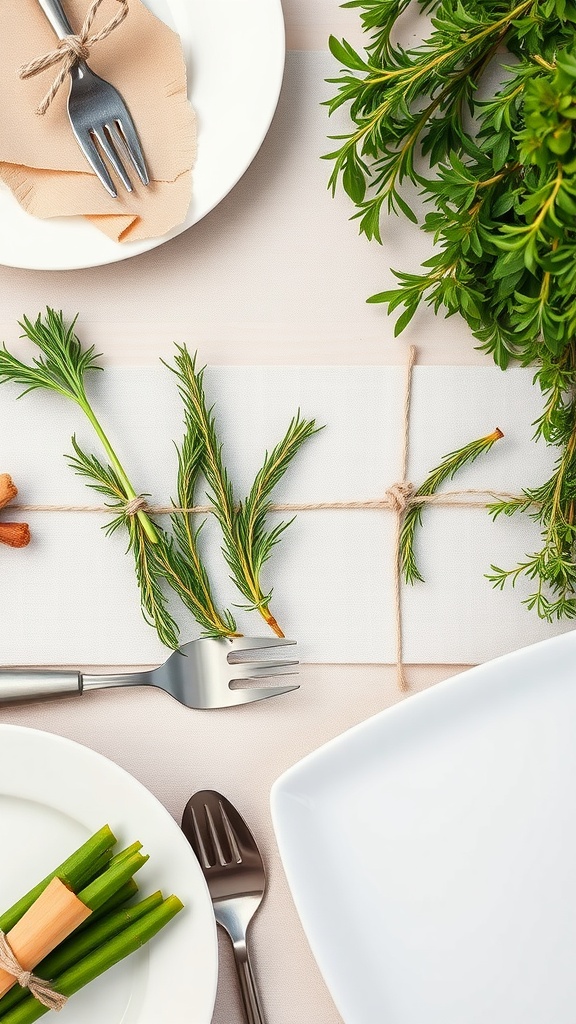 A beautifully arranged table setting featuring fresh herbs and elegant utensils.