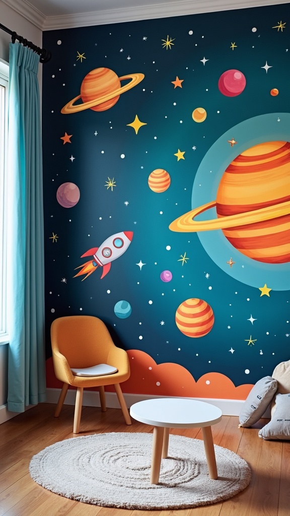 A children's bedroom with an outer space mural featuring planets, stars, and a rocket.