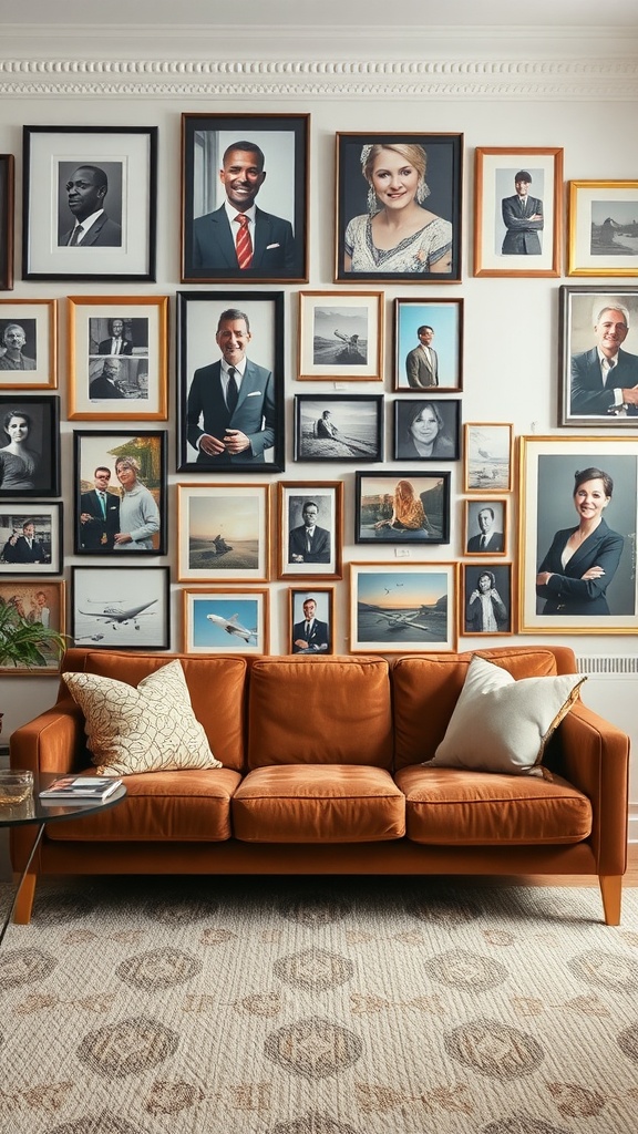 Gallery wall with art and personal photos above a brown couch.