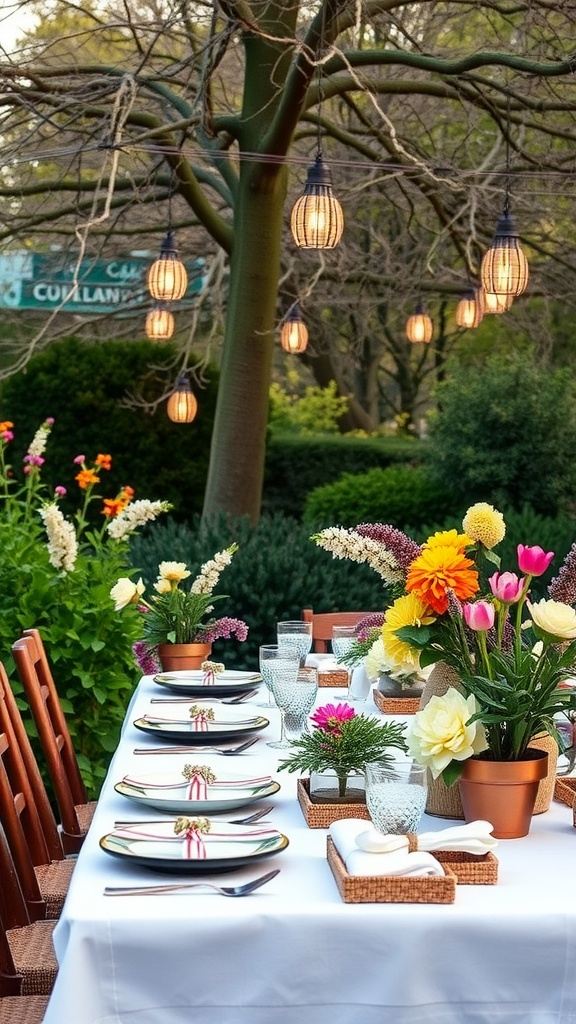 A beautifully set outdoor dining table adorned with colorful flowers in pots, elegant tableware, and hanging lights.