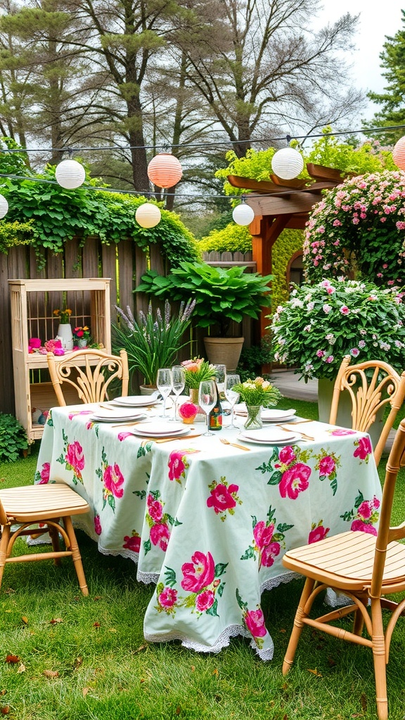 A beautifully set outdoor table with a floral tablecloth and decorative lanterns in a garden.