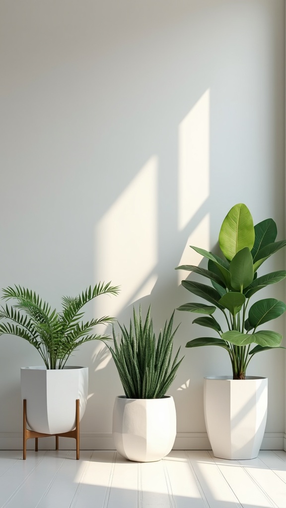 Three geometric planters with artificial plants in a bright interior