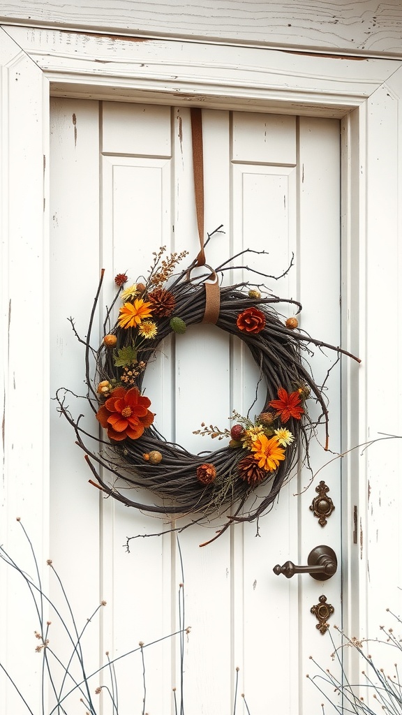 Grapevine wreath with flowers hanging on a white door.