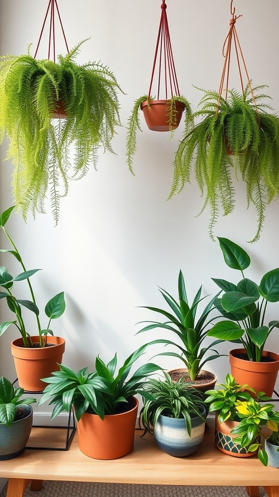 A collection of potted plants and hanging ferns arranged on a wooden shelf.