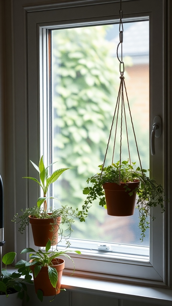 A cozy kitchen window featuring a hanging herb garden with potted herbs and greenery.