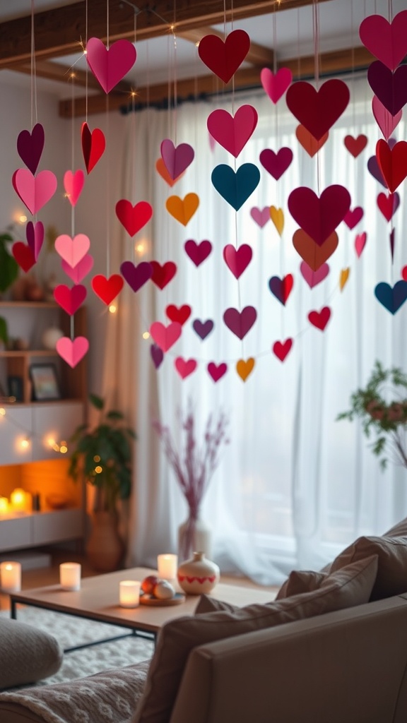 Colorful heart-shaped paper garlands hanging in a cozy living room