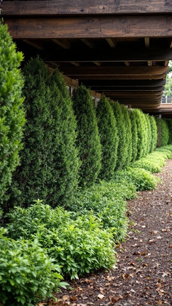 A row of tall green hedges and lush plants growing under a wooden deck.