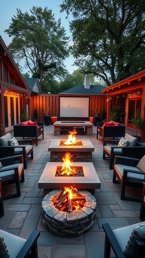 A cozy outdoor entertainment space featuring multiple fire pits surrounded by comfortable seating and greenery.