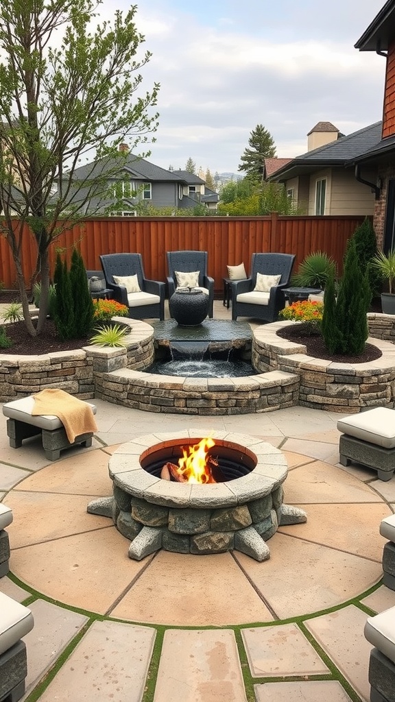 A stylish outdoor fire pit area with surrounding seating and a water feature, creating a cozy and inviting atmosphere.