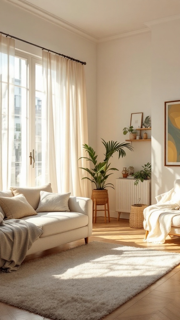 Cozy small apartment living room with light colors and natural light.