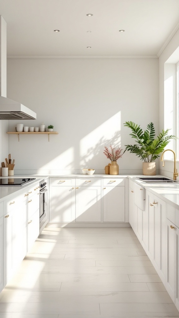 A modern kitchen featuring white cabinets, light wood flooring, and a large window with a plant on the countertop.