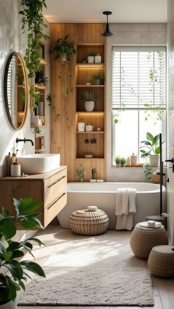A modern bathroom featuring wooden accents and various houseplants.
