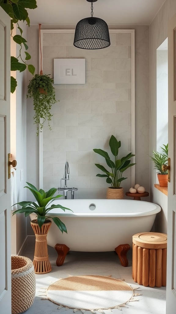 A stylish small bathroom featuring a freestanding tub, potted plants, and natural wooden decor.