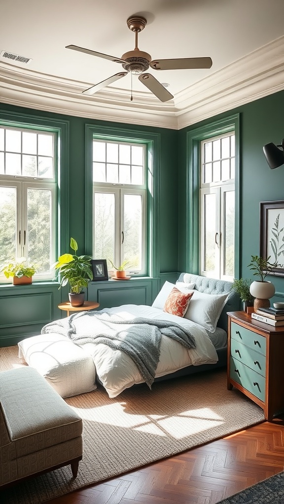 A dark green bedroom with large windows allowing natural light, featuring plants and cozy bedding.