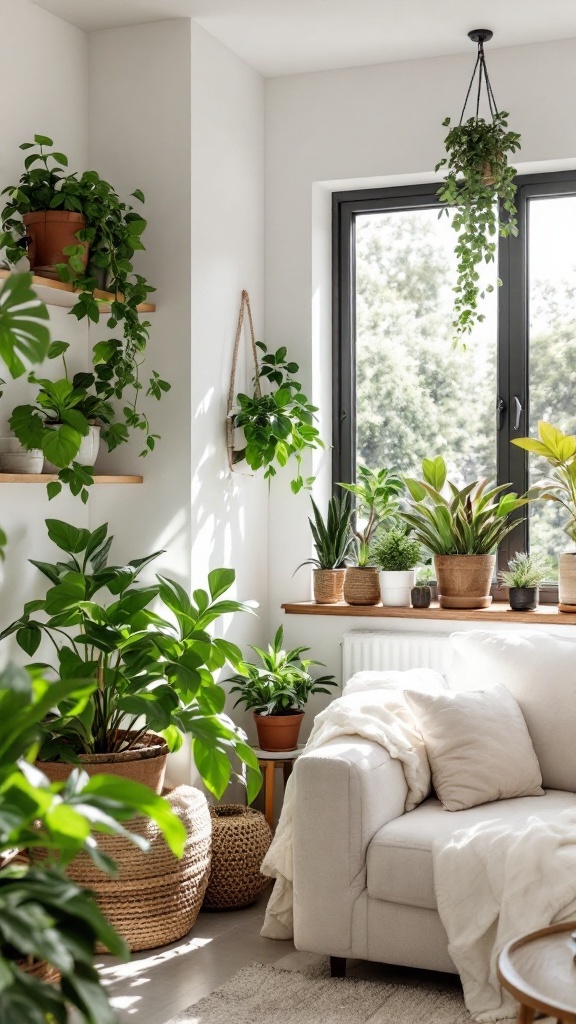 A bright small apartment living room filled with various plants and a cozy sofa.