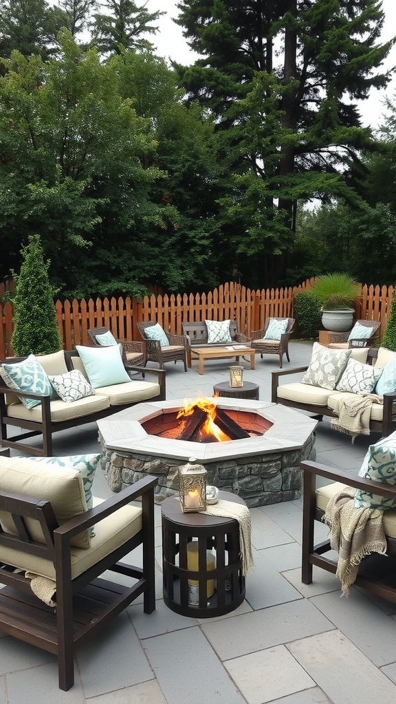 A cozy fire pit area with comfortable seating, cushions, and lanterns.
