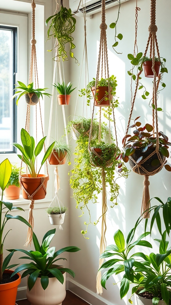Indoor plant corner featuring macrame hangers with various plants.