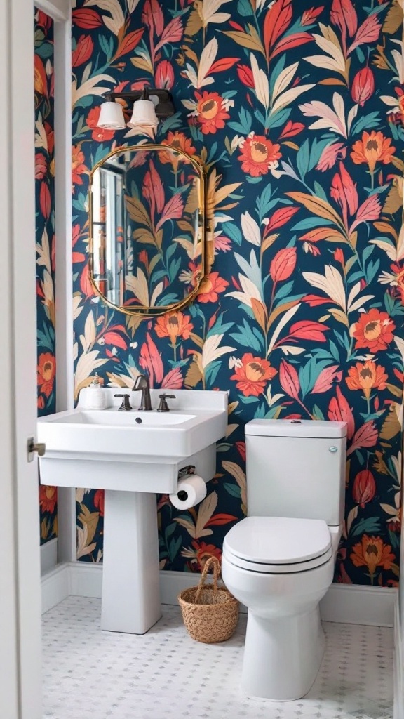 A vibrant bathroom with floral peel-and-stick wallpaper, a modern sink, and a mirror.
