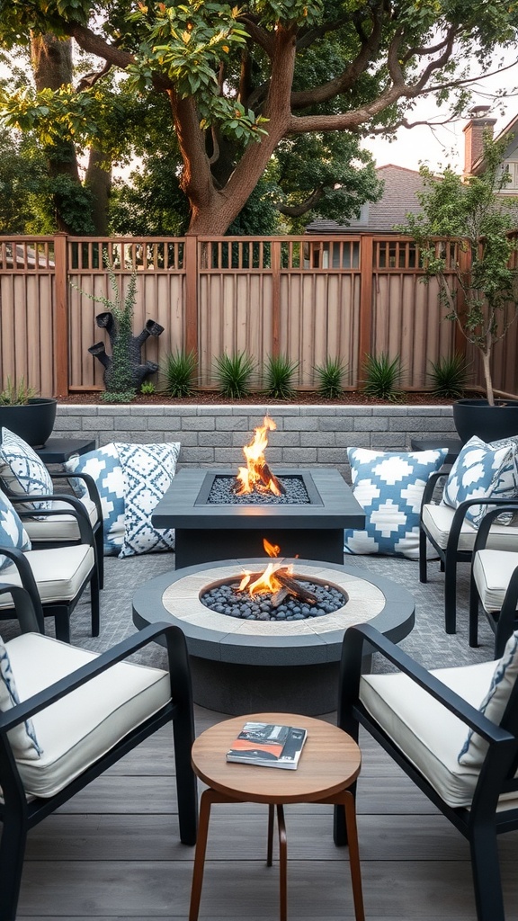 A stylish outdoor fire pit surrounded by comfortable seating and decorative cushions.