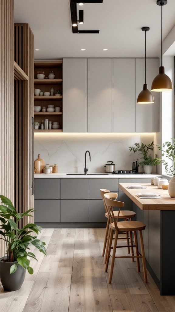 A modern small kitchen featuring an integrated dining area with wooden stools and a bright atmosphere.