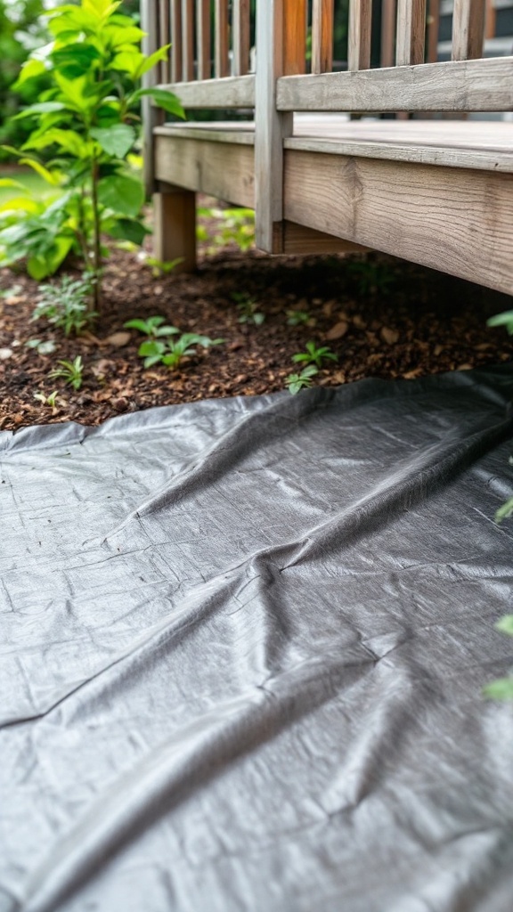 Black landscape fabric laid under a wooden deck to control weeds.