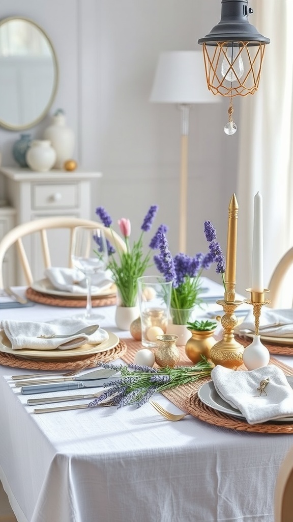 A beautifully set table featuring lavender flowers, sage leaves, gold accents, and white dinnerware.