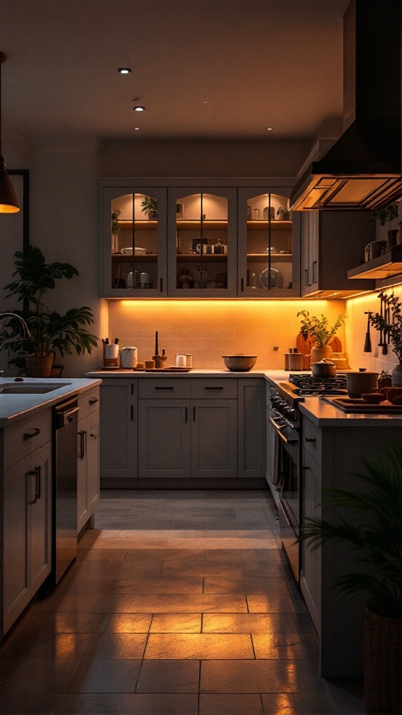 A modern kitchen showcasing layered lighting with warm tones.